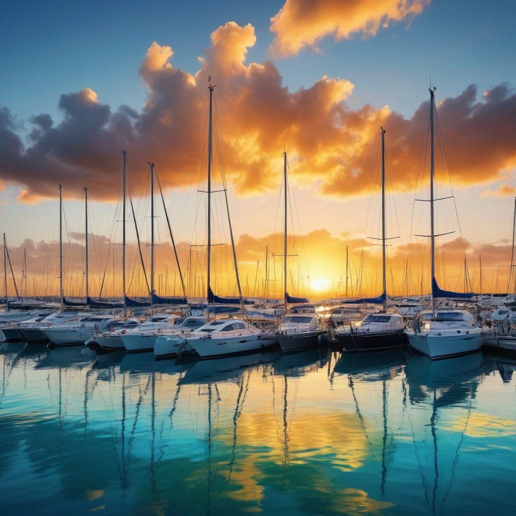 A serene marina scene showcasing a diverse range of boats, from sleek sailboats to luxurious yachts, gently bobbing on calm blue waters. Include a vibrant sunset in the background, illuminating the boats with warm golden hues. Integrate elements of marine insurance, like documents or subtle icons of protection, artistically blended into the scenery. The atmosphere should evoke trust and security for marine adventures. super-realistic. vibrant colors. atmospheric.