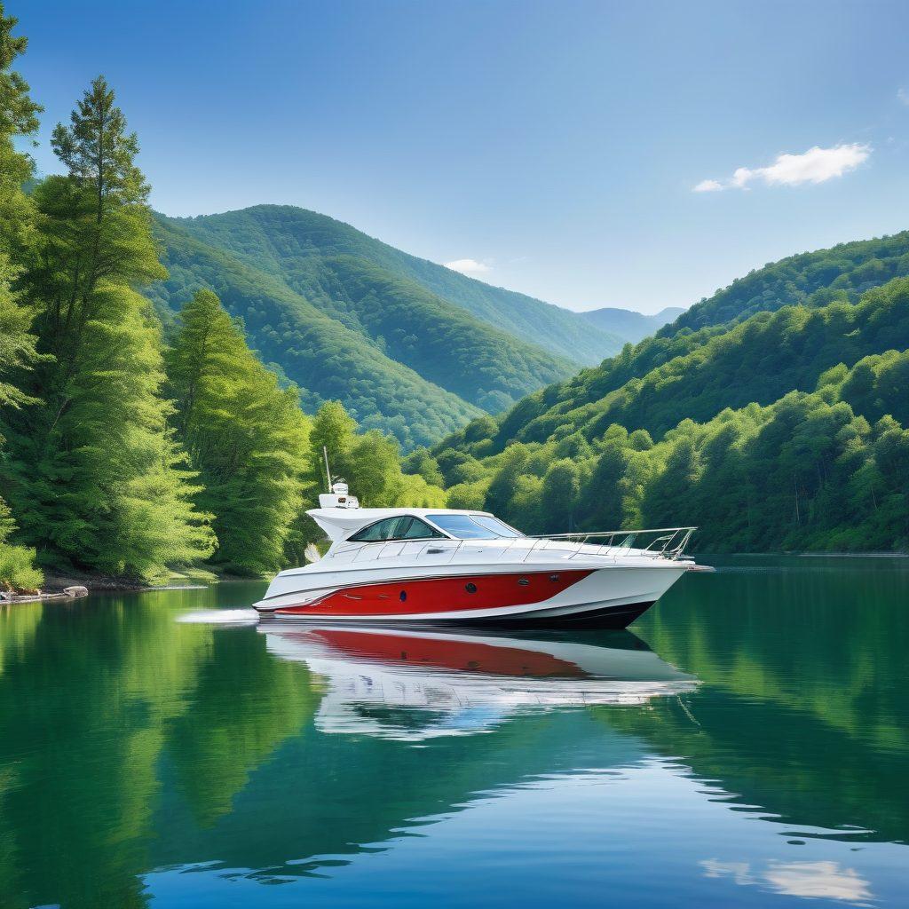 A tranquil scene on a serene lake featuring a beautifully designed pleasure craft sailing smoothly, with a backdrop of lush green hills and a clear blue sky. In the foreground, show a subtle representation of boat liability insurance documents and a safe life vest to emphasize security. Include visual elements like reflection in the water and soft sunlight glimmering on the boat to create an inviting atmosphere. watercolor painting. vibrant colors. tranquil setting.
