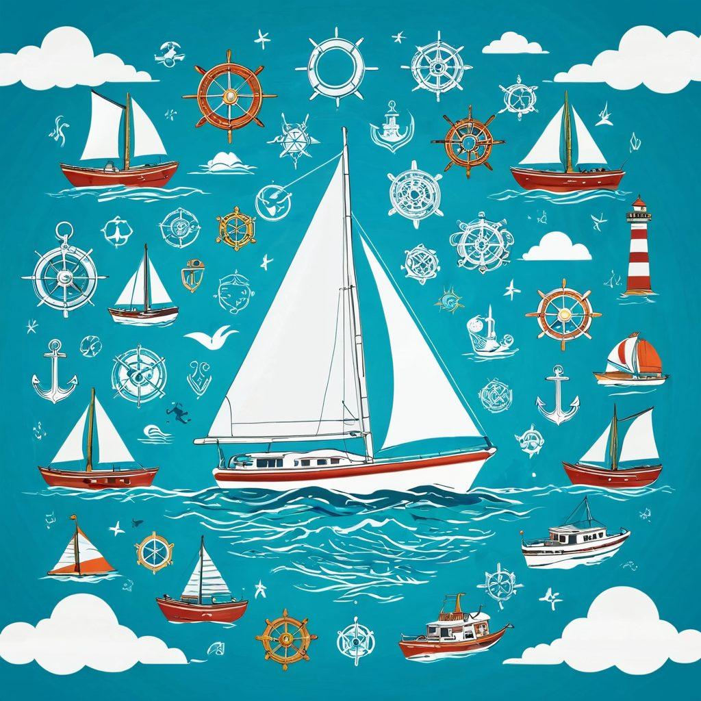An intricately designed sailboat navigating through clear turquoise waters, surrounded by various icons representing different types of marine insurance, like shields, lifebuoys, and documents. The background features a bright, sunny sky with fluffy clouds, to evoke a sense of adventure and security in boating. The overall tone is informative yet inviting, making it easy for readers to visualize their options. vibrant colors. super-realistic.